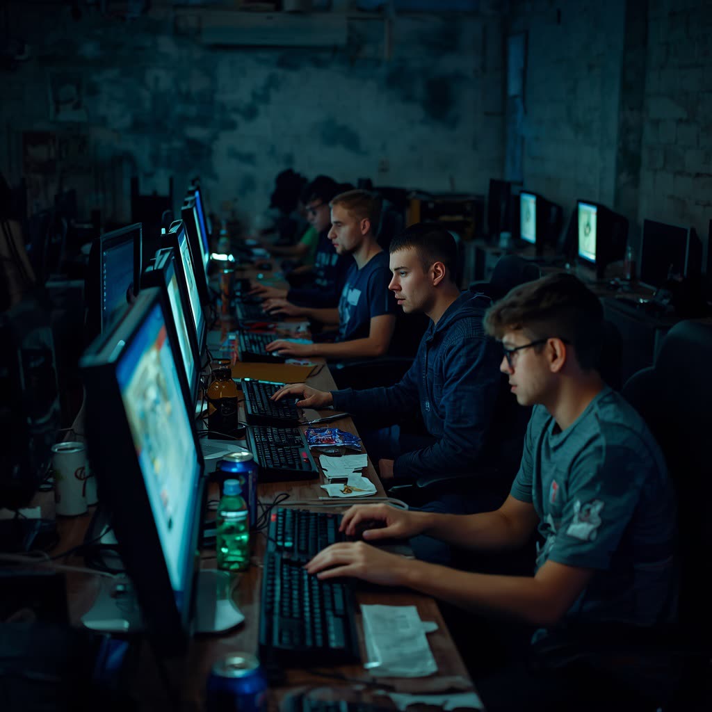 A dim row of players seated at monitors down a long desk in the NOPING computer club
