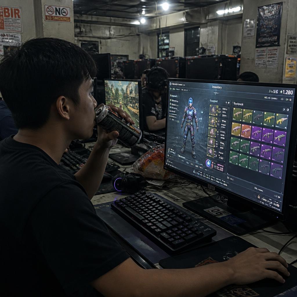 A player mid-sip at his station on the main row, screens glowing down the packed room